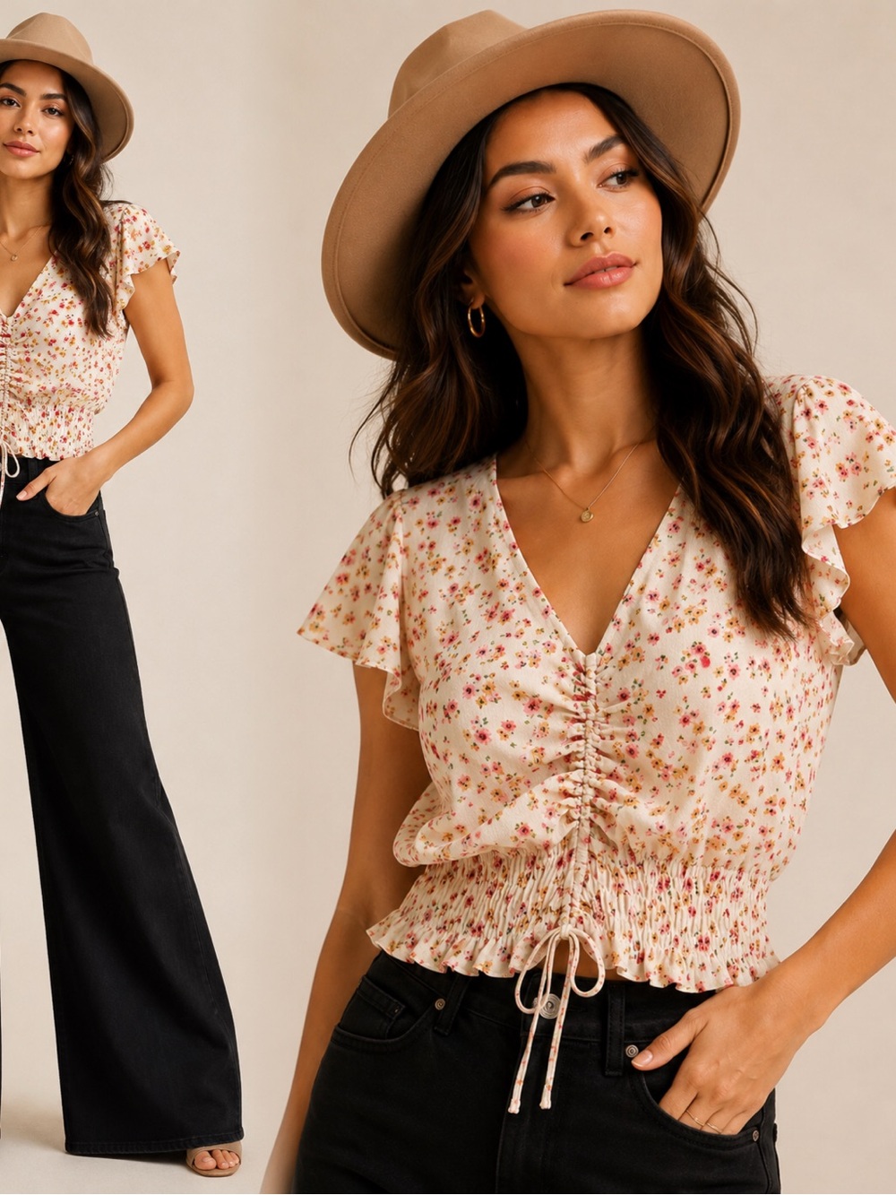 Monteau Cream Floral Ruched V-Neck Crop Top